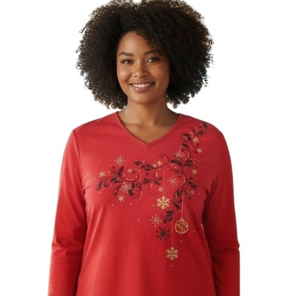 Catherines Red Snowflake Ornament Graphic V-Neck Top 2X 22/24W Holiday Festive